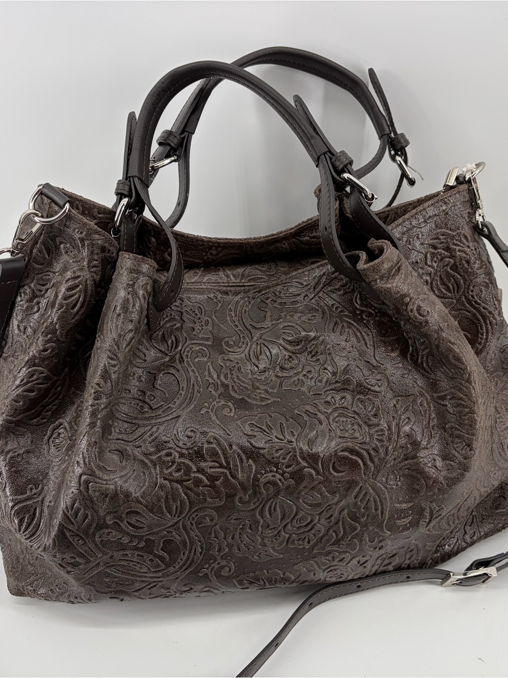 ISADORA Made in Italy Genuine Leather Embossed Chocolate Tote Bag Boho NWT
